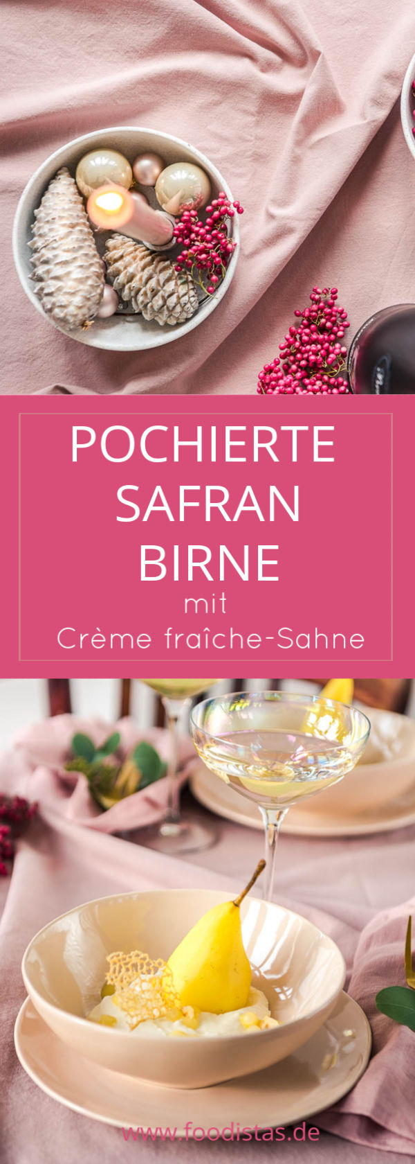 Pochierte Safran Birne mit Crème fraîche-Sahne, Weihnachtsdessert ...