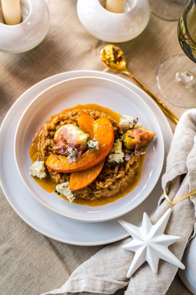 Weizen Risotto mit Kürbis, Feigen und Blauschimmelkäse