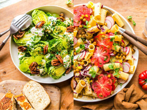 Salatherzen mit Pecannüssen, Trauben und Hüttenkäse und Nudelsalat mit Radicchio Beitragsbild